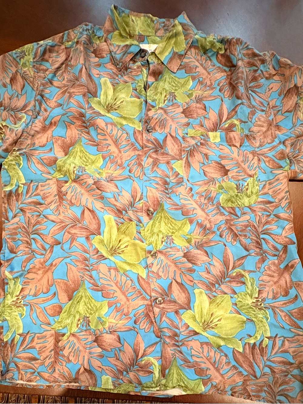 Vintage Bill Blass 100% Silk Tropical Floral Button Down Shirt Blue Yellow Brown
